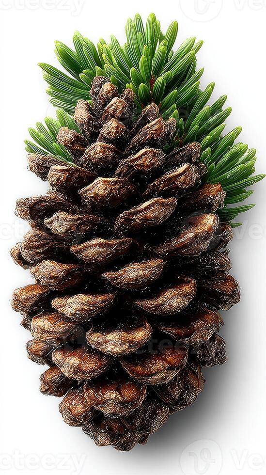 Pine cone and fresh conifer branches arranged on a white background during spring season photo
