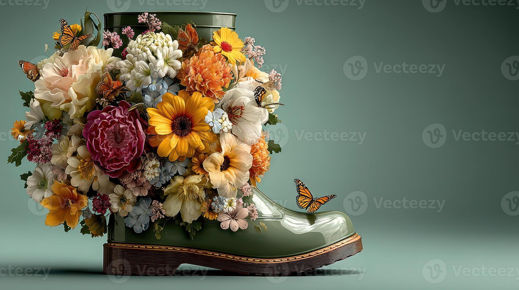 Creative flower arrangement in a green rubber boot for a vibrant spring display in a modern home setting photo