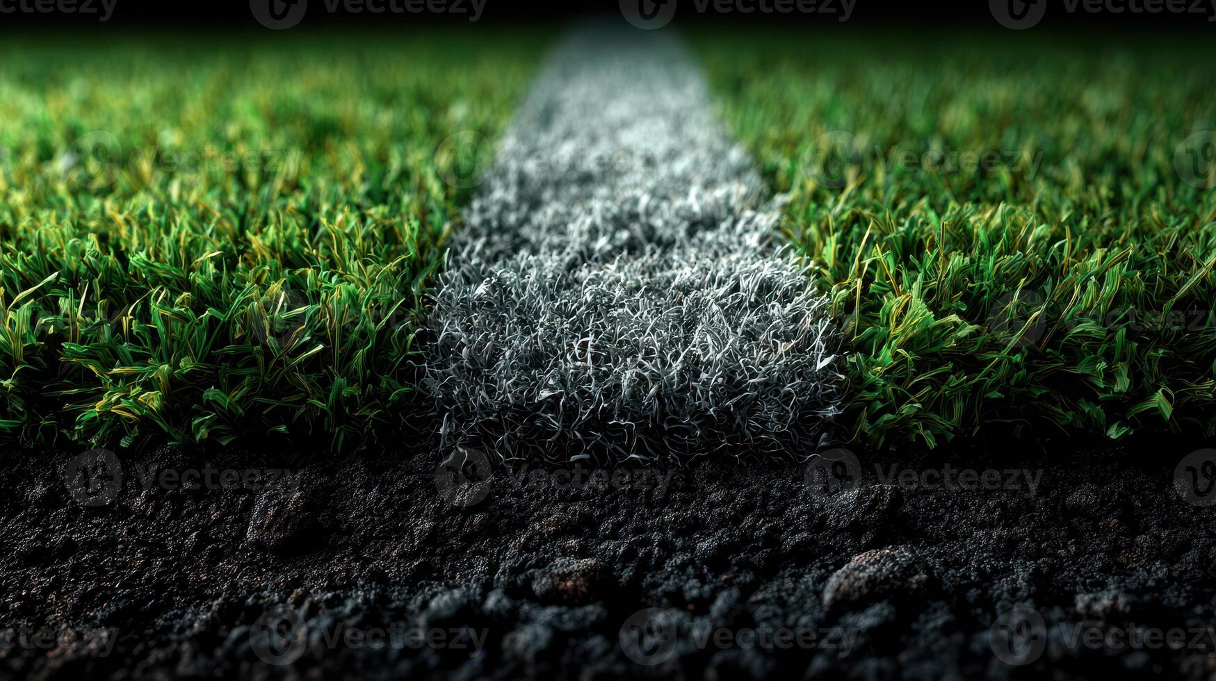 Close-up view of a freshly painted white line on a green grass soccer field during afternoon light photo