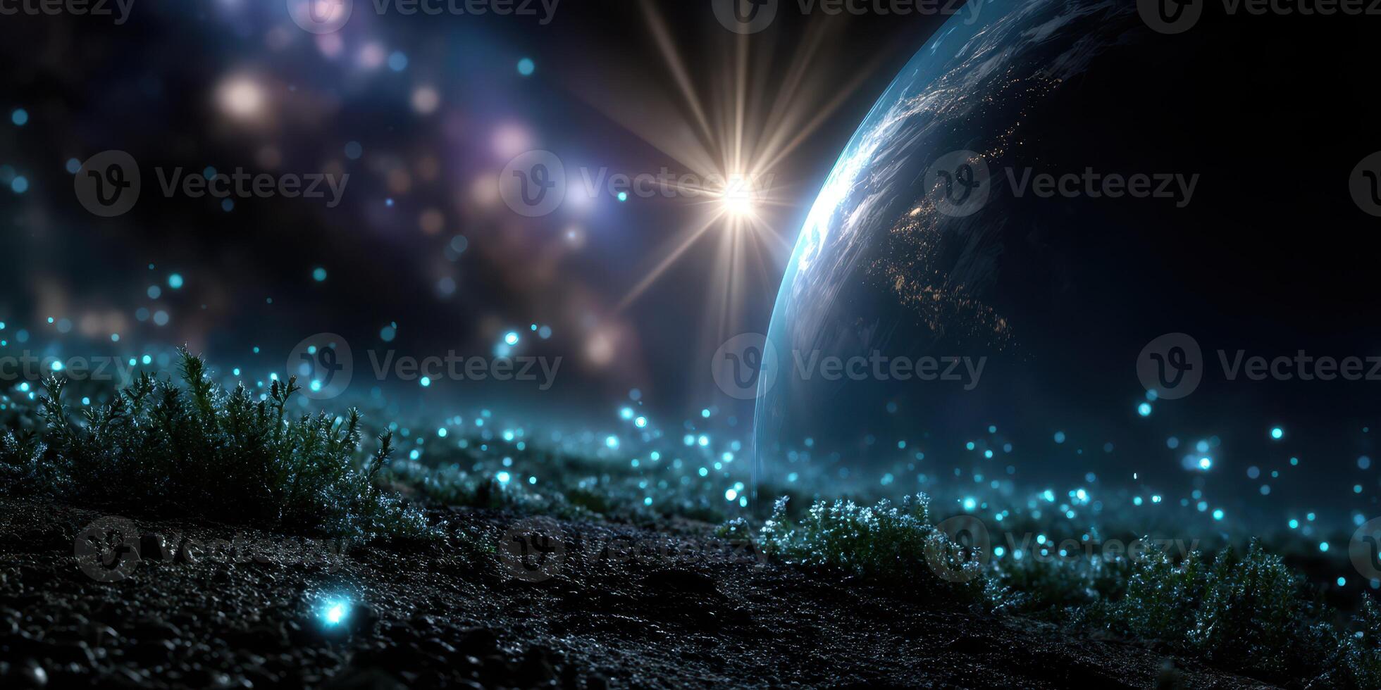 Cosmic landscape with glowing elements and a distant view of Earth at dawn in deep space photo