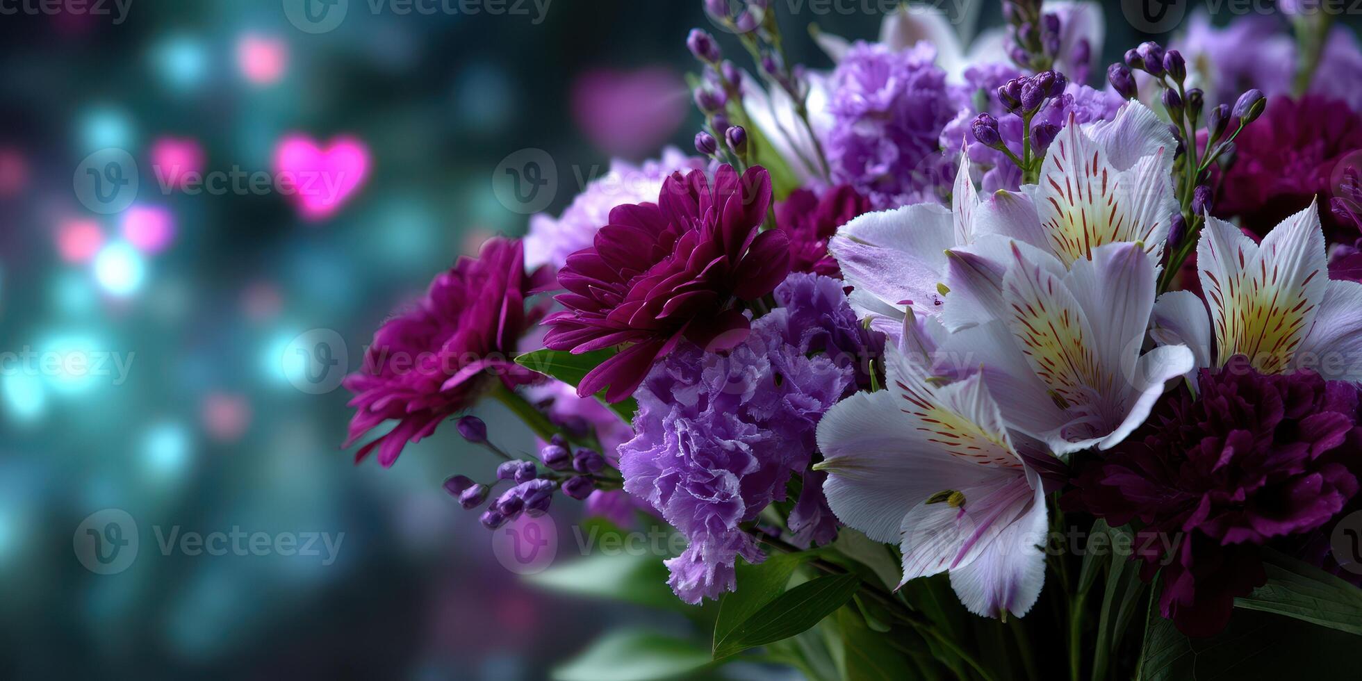 Beautiful bouquet of purple and white flowers arranged with care for a special occasion at night photo