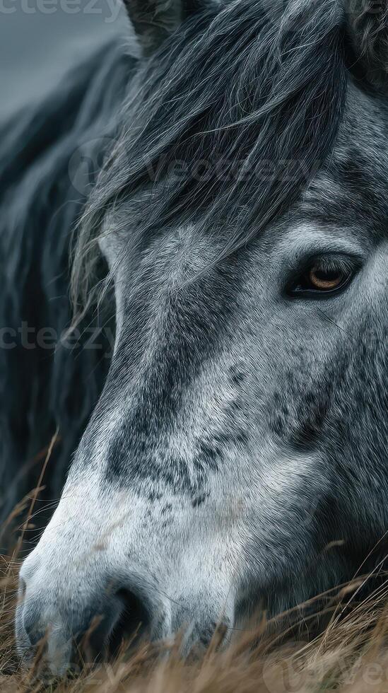 Grey horse resting in tall grass during a tranquil afternoon in a rural setting photo
