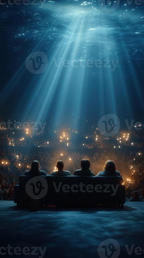 Viewers enjoy a captivating performance in an underwater venue with dramatic lighting effects during a night event photo
