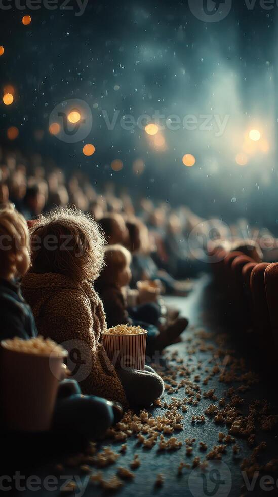 Children enjoy a movie night in a cozy theater while snacking on popcorn amidst soft light and scattered popcorn on the floor photo