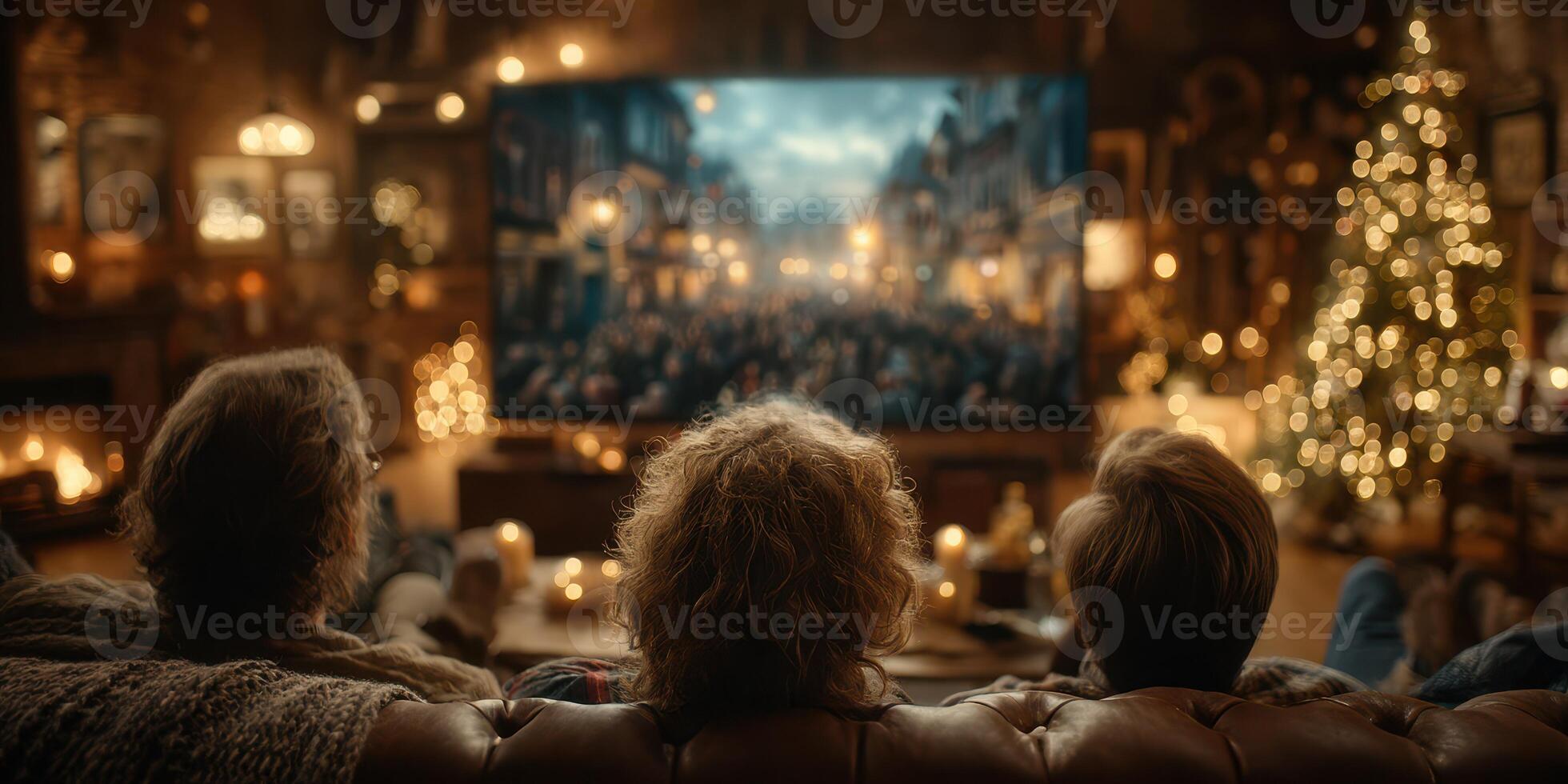 Cozy family gathering during the holiday season with a movie night in a warmly decorated living room photo