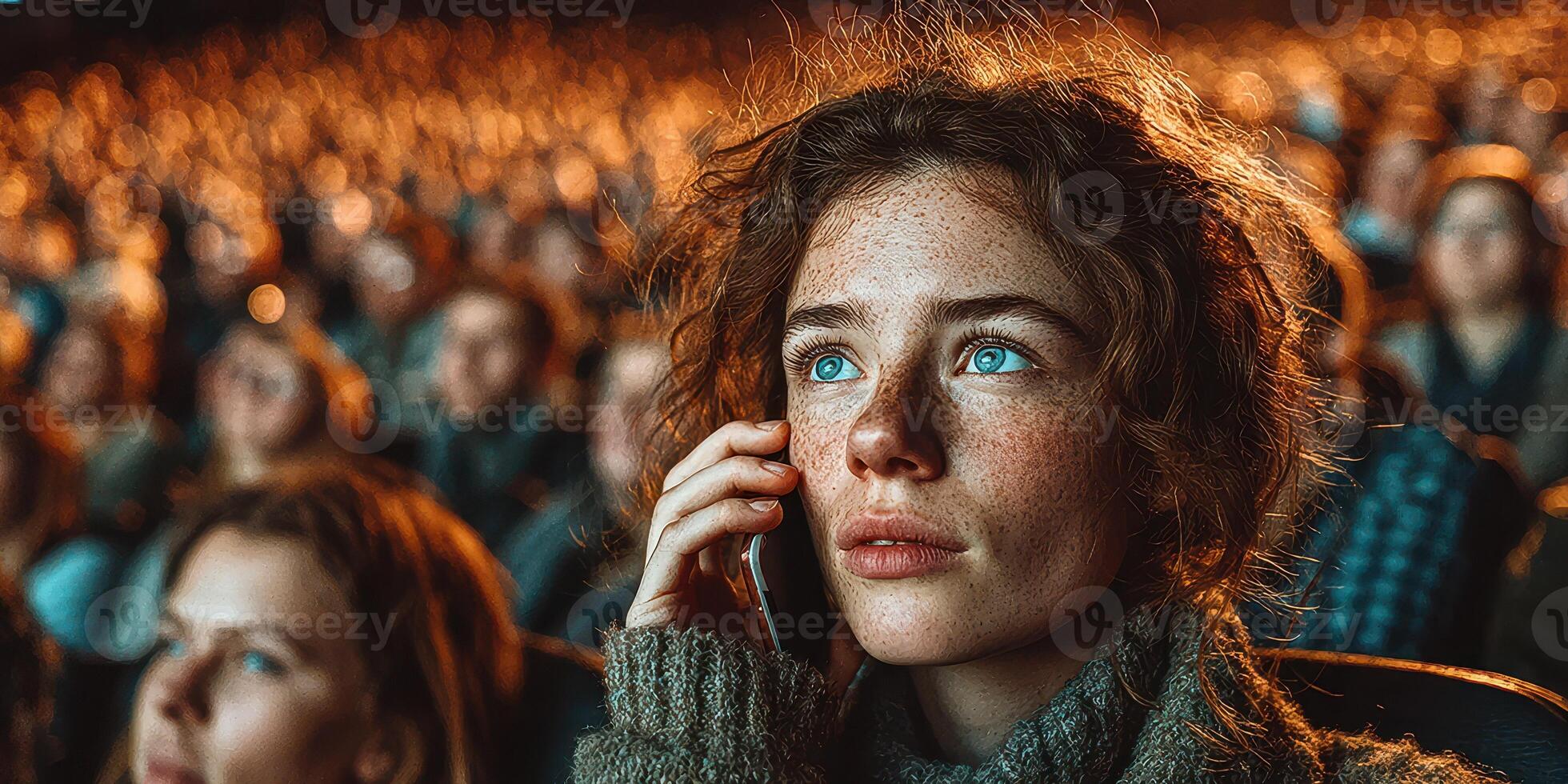 Audience watches a captivating performance while a girl listens intently on her phone during a live event at an evening theater photo