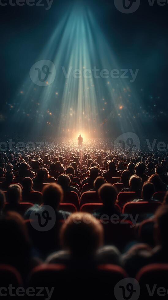 Audience captivated by a speaker under dramatic lighting in a theater filled with anticipation photo