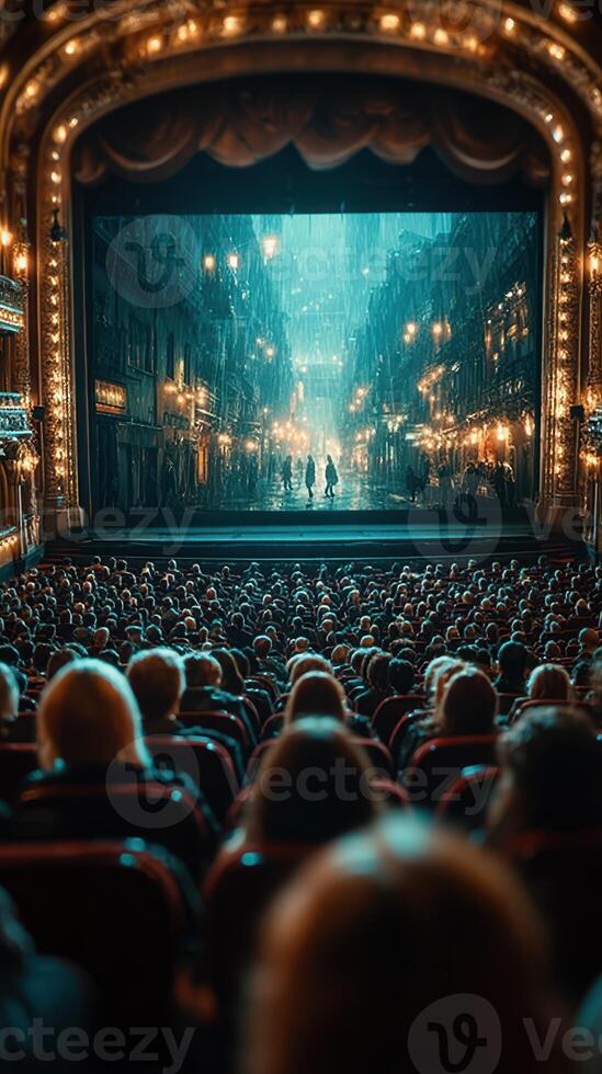 Audiences captivated by dramatic performance within an ornate theater during a rainy evening photo