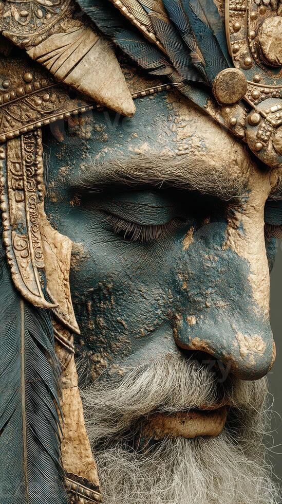 Ancient warrior adorned in natural textures and intricate headdress during a ceremonial display in a mystical setting photo