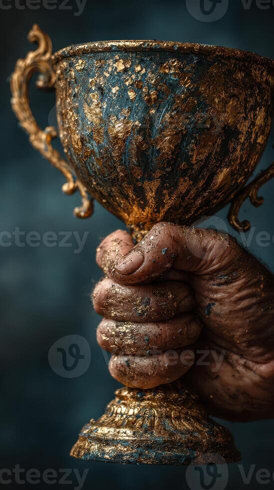 Winner proudly holds a vintage trophy with intricate details showcasing gleaming gold and a textured finish photo