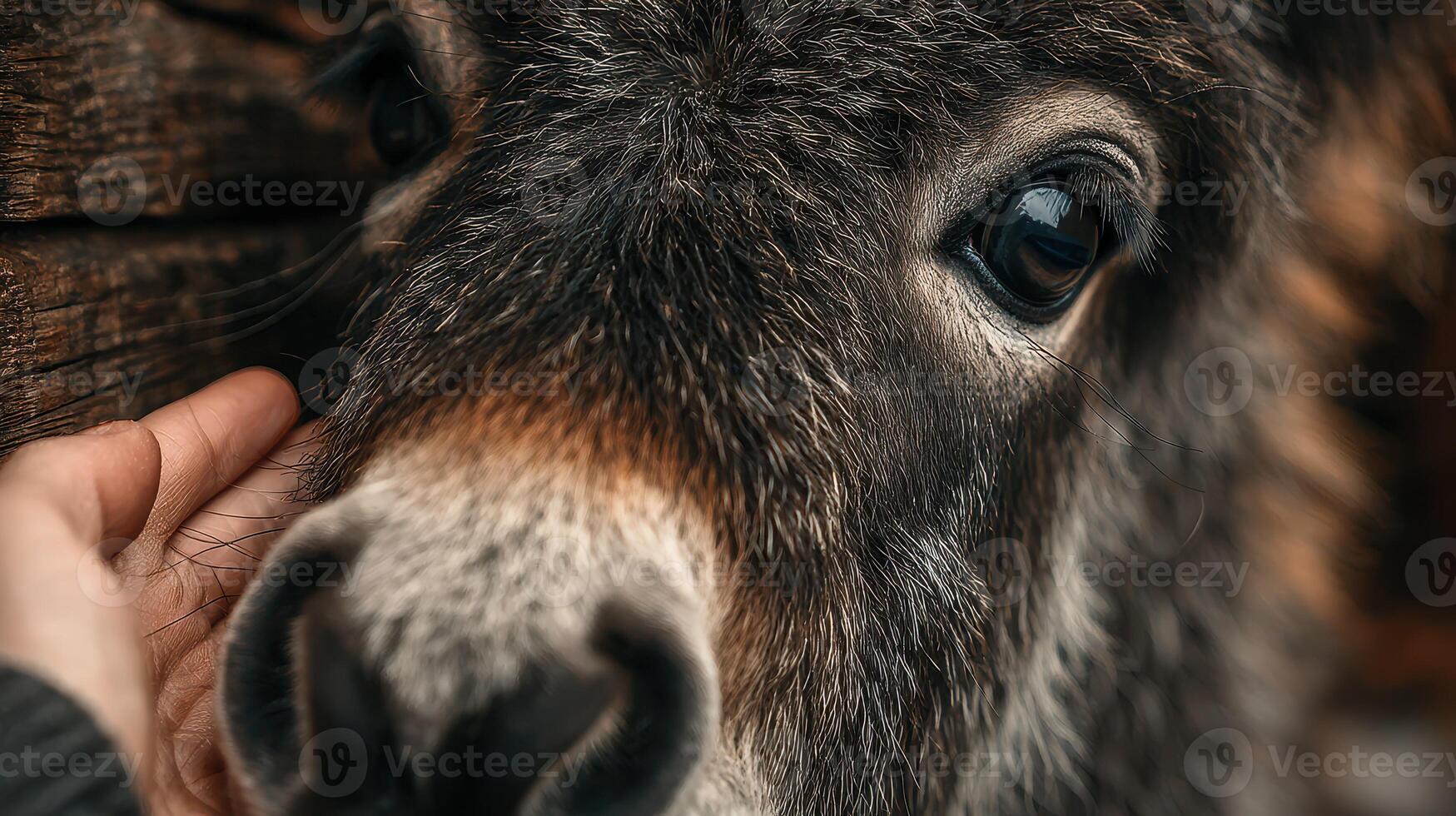 Gentle interaction with a donkey at a rustic farm during late afternoon sunlight in a serene countryside setting photo