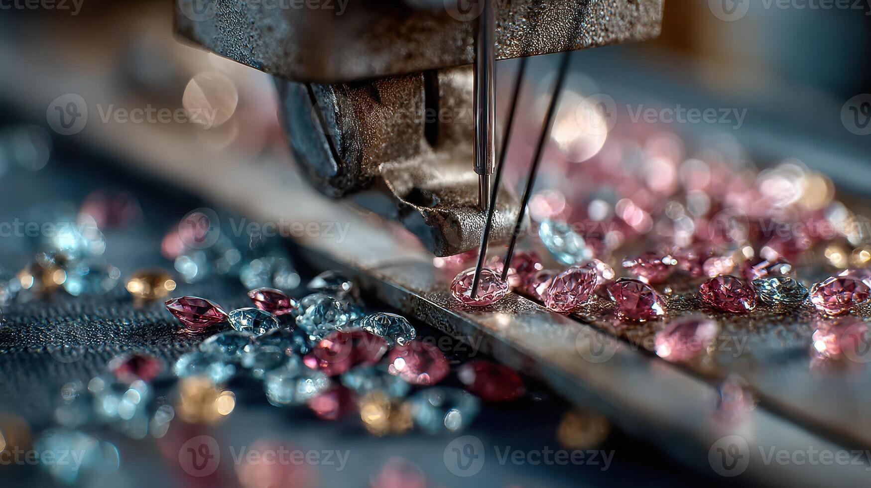 Craftsmanship in action with colorful gemstones scattered near a sewing machine under soft lighting photo