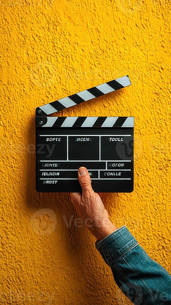 Clapperboard held against a vibrant yellow wall during film preparation for a creative project photo