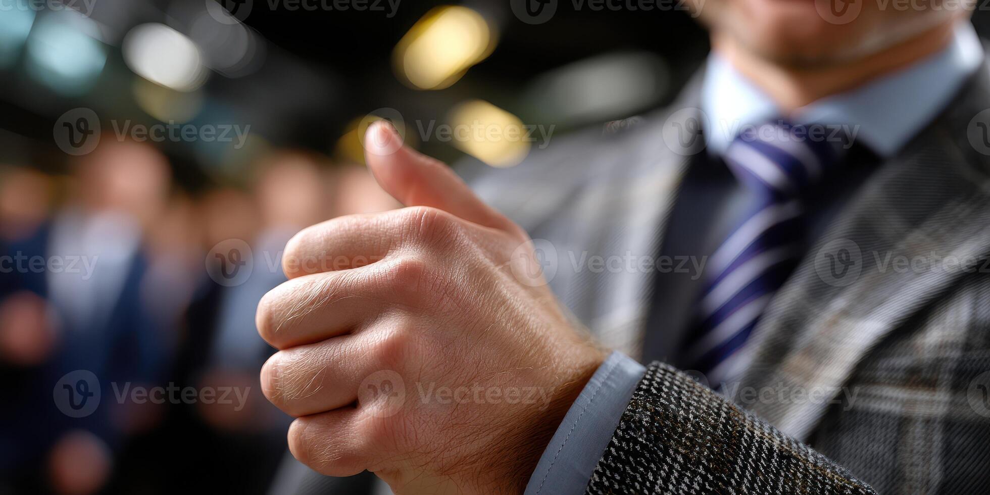 Business professional demonstrating confidence with a thumbs-up gesture at a corporate event photo