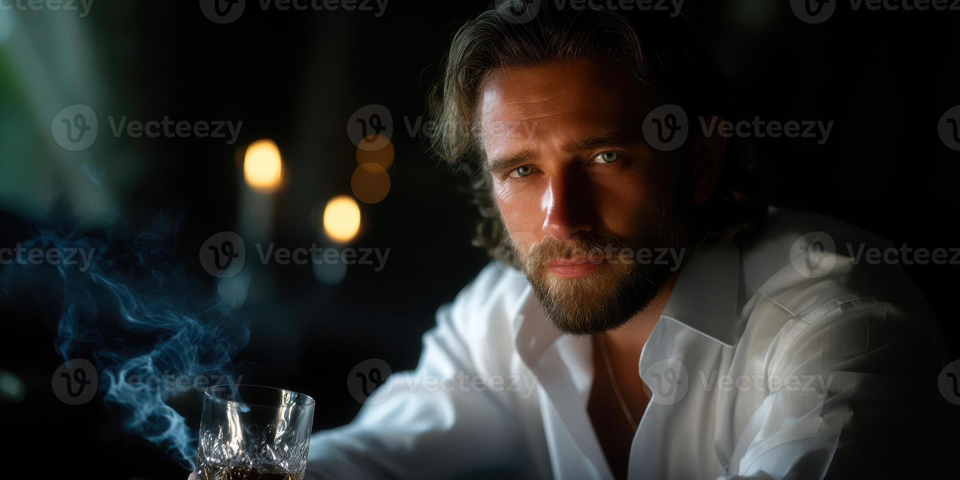 Man with a beard enjoying a drink in a dimly lit setting with candles in the background during the evening hours photo