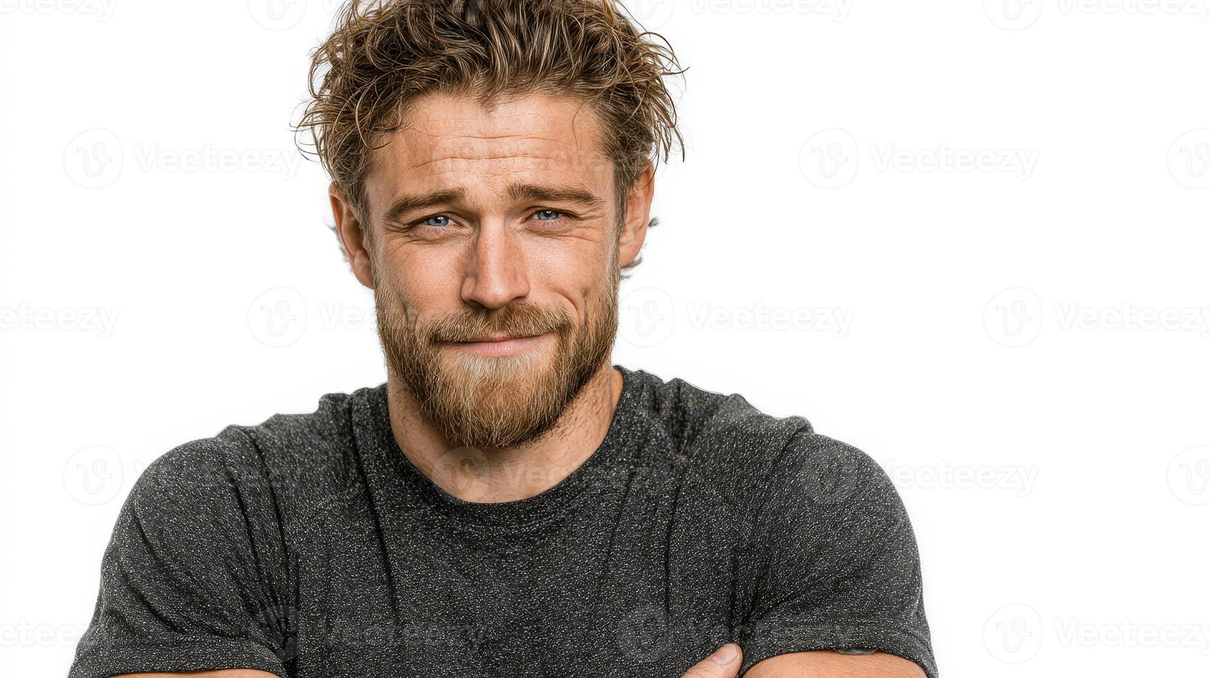 Smiling man with tousled hair dressed in a dark shirt poses confidently against a plain background photo