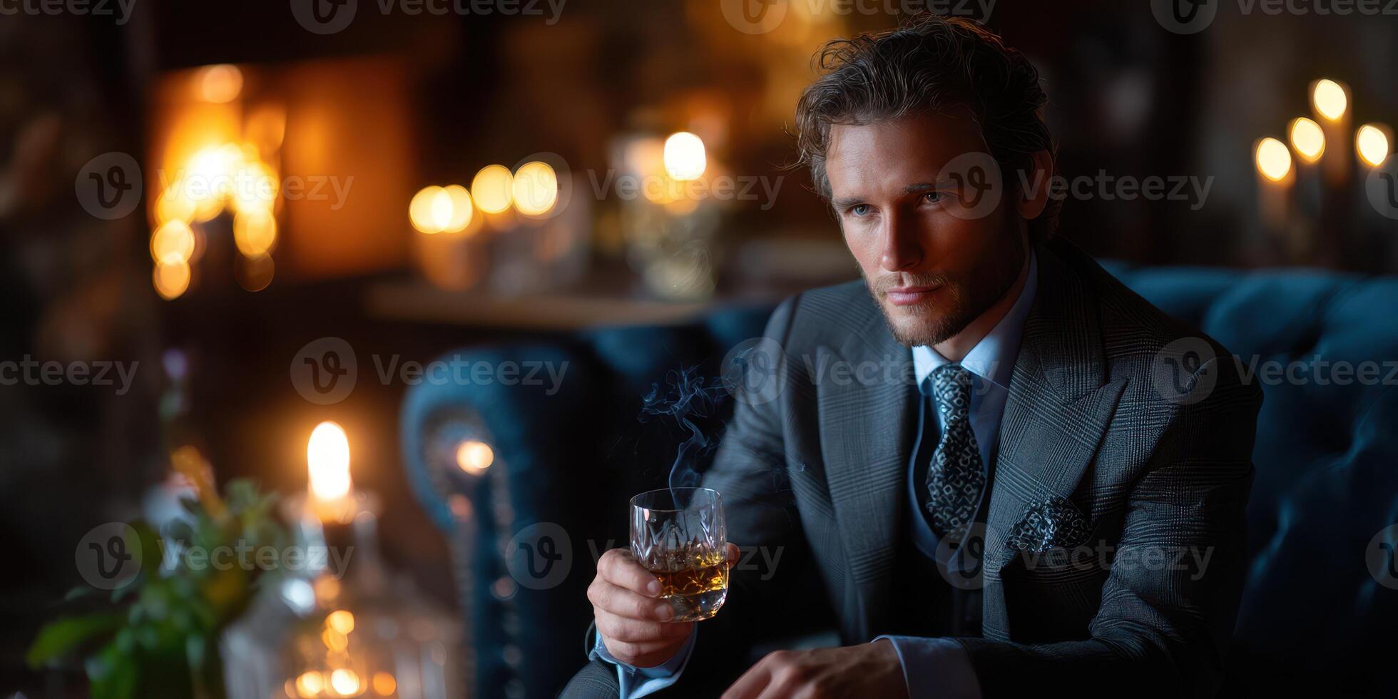 Elegant man enjoying whiskey beside flickering candles in cozy ambiance during evening gathering photo