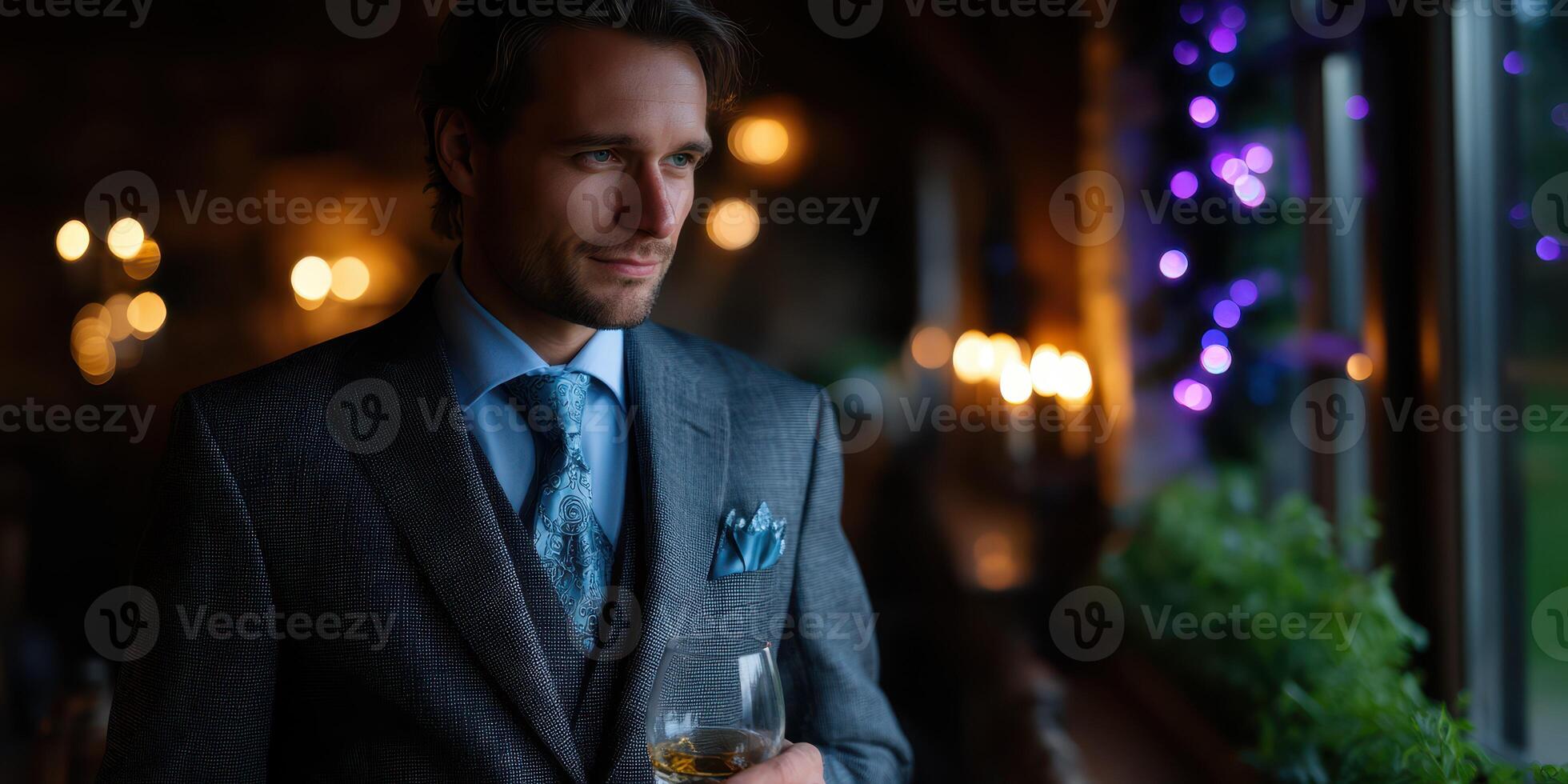 Elegant man in a suit enjoying a drink at a cozy venue with atmospheric lighting during the evening photo
