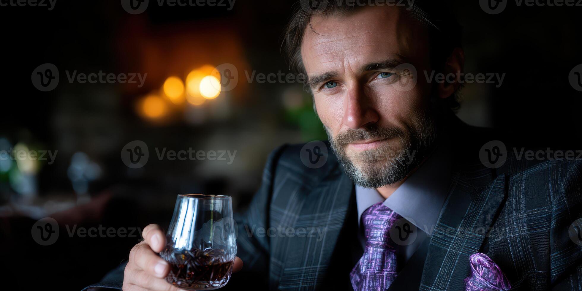 Stylish man enjoying drink in upscale lounge during evening gathering with warm ambiance photo