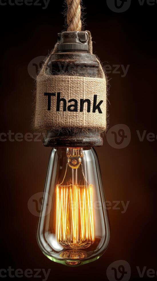 Decorative hanging light bulb with a burlap thank you label against a dark background photo