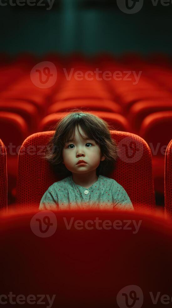 Child watches movie alone in empty theater with red seats during afternoon showing photo