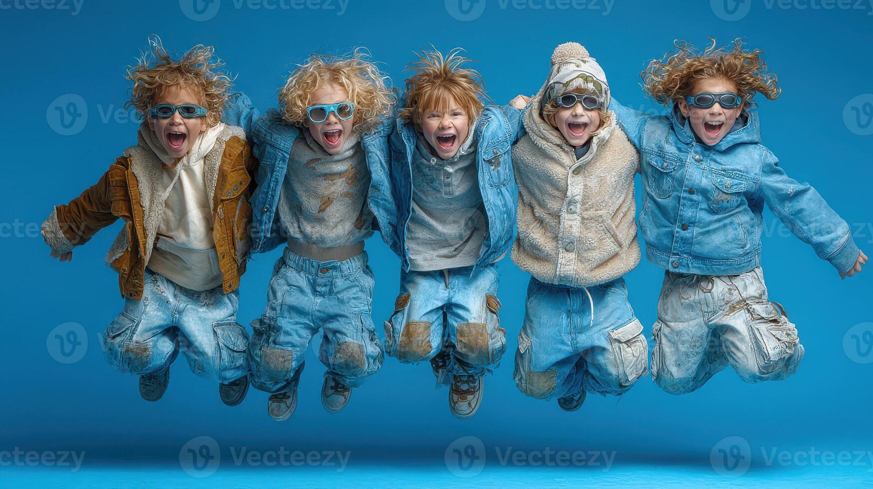Children having fun while jumping in matching denim outfits against a bright blue background photo