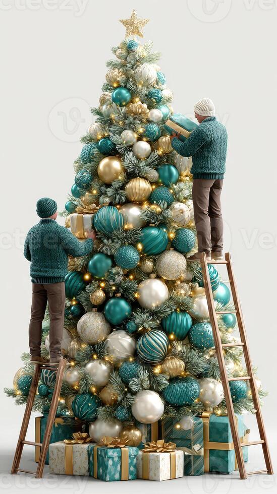 Christmas tree decoration with teal and gold ornaments in a bright indoor setting during festive season photo