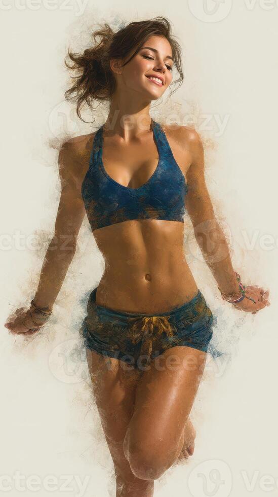 Woman in a blue sports outfit poses confidently against a neutral background, highlighting fitness and joy photo