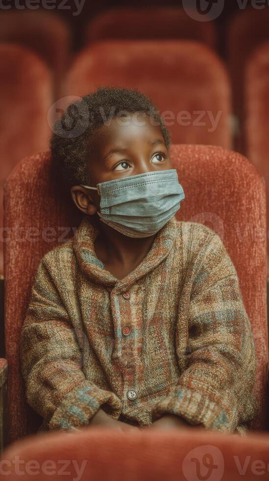 Young boy wearing a mask sitting quietly in a theater during a performance on a winter evening photo