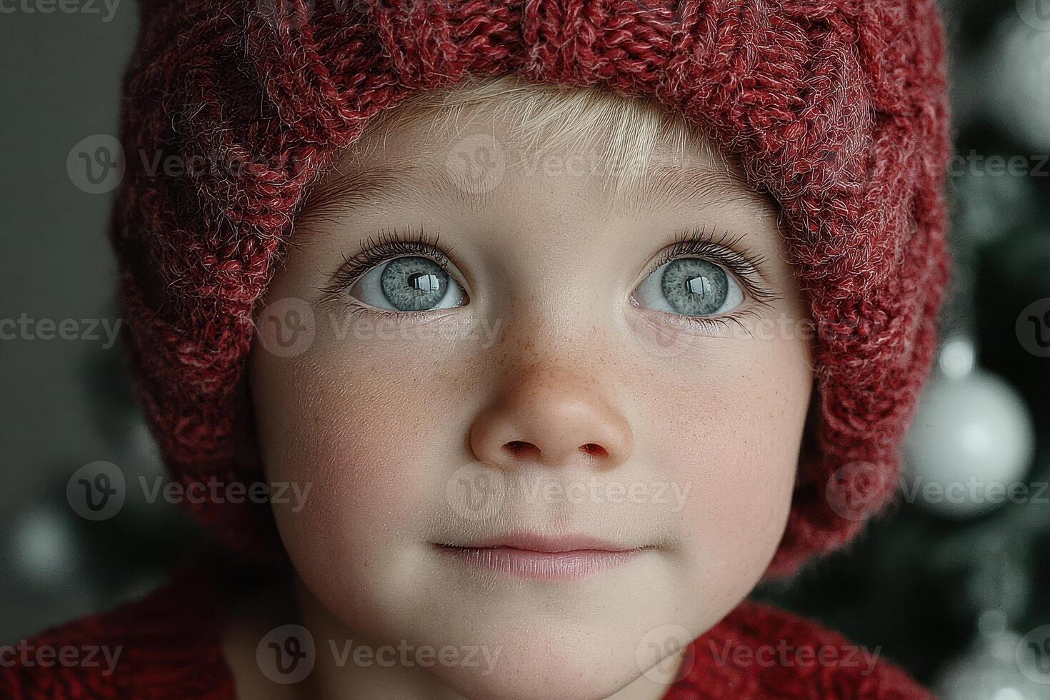 Child with bright blue eyes wearing red knitted hat looking thoughtfully at a decorated Christmas tree in winter photo