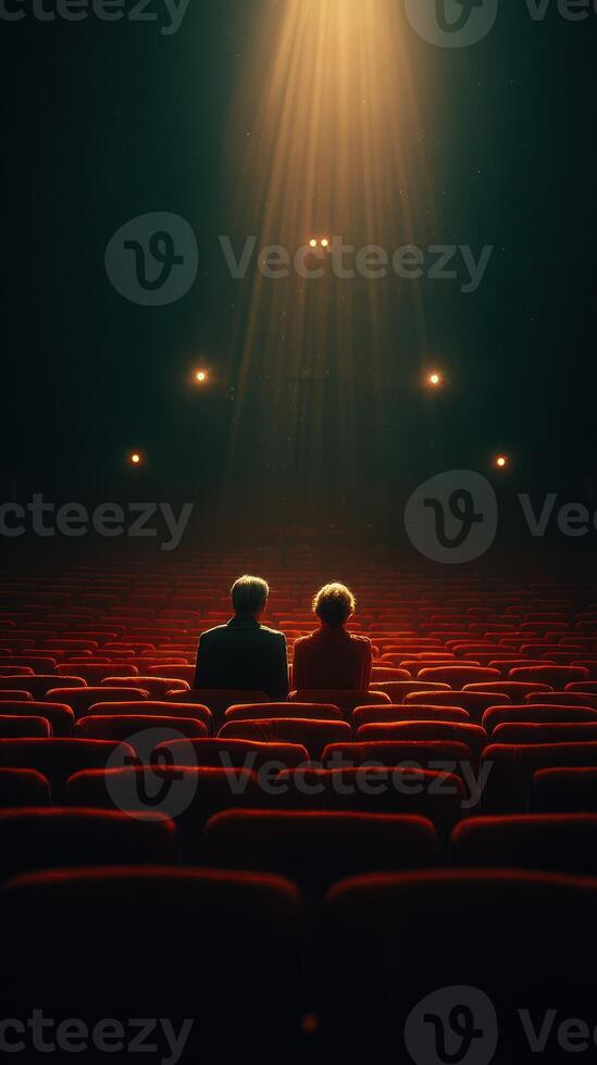 Couple enjoys an intimate moment in a dimly lit theater with red seats and a spotlight above photo