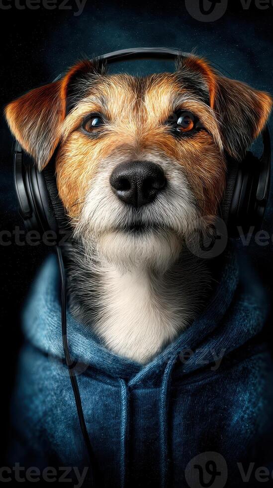 Dog wearing headphones and a hoodie in a stylish, artistic setting, enjoying music and expressing emotions photo