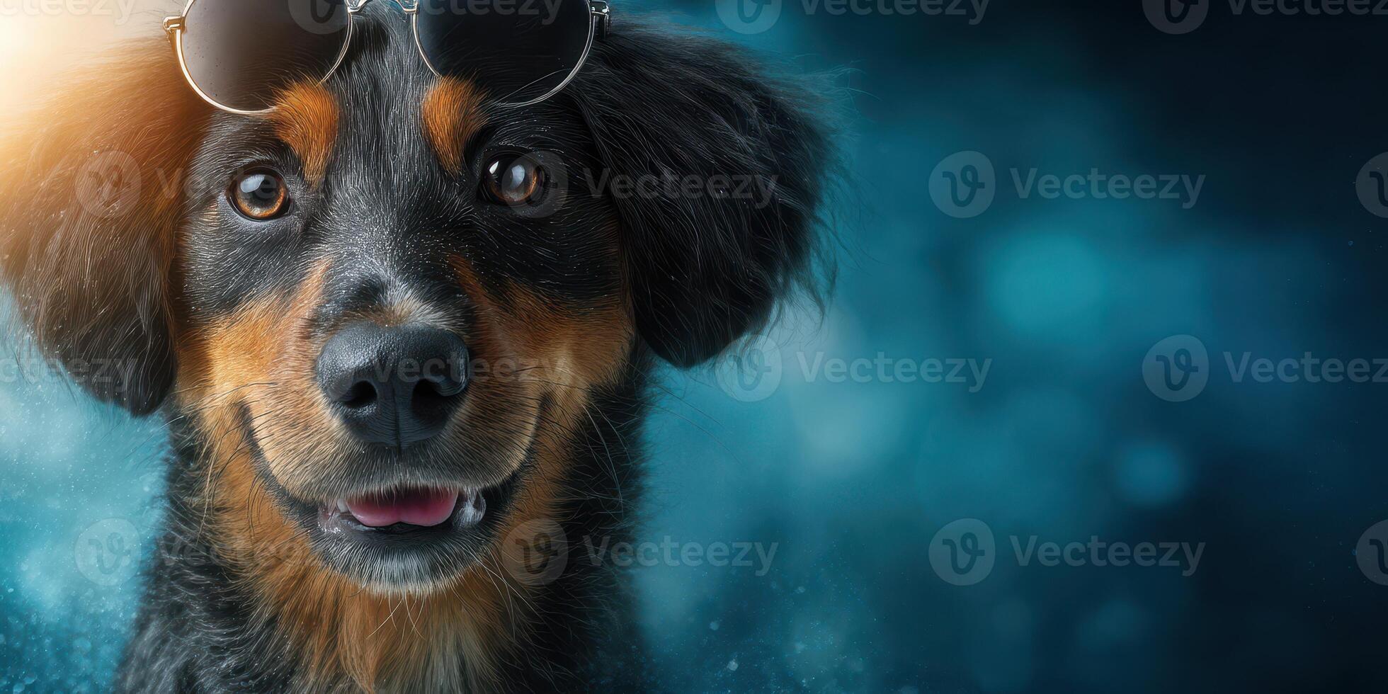 Happy dog wearing sunglasses poses against a colorful background in a playful and cheerful atmosphere photo