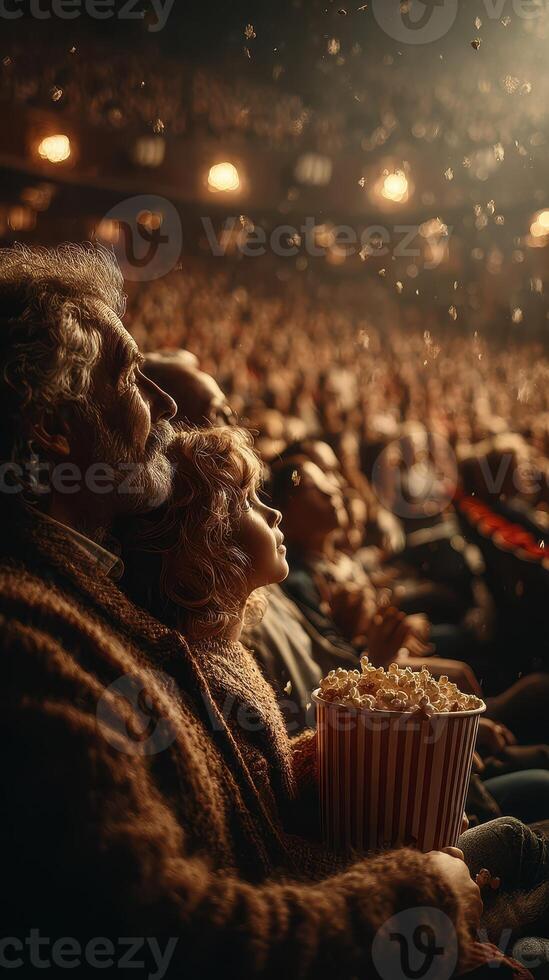 Enjoying a magical movie experience together in a crowded theater filled with warmth and excitement photo