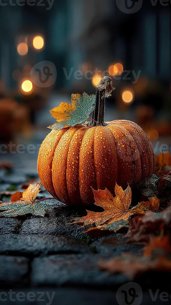 Vibrant pumpkin on wet cobblestone surrounded by autumn leaves and soft evening lights photo