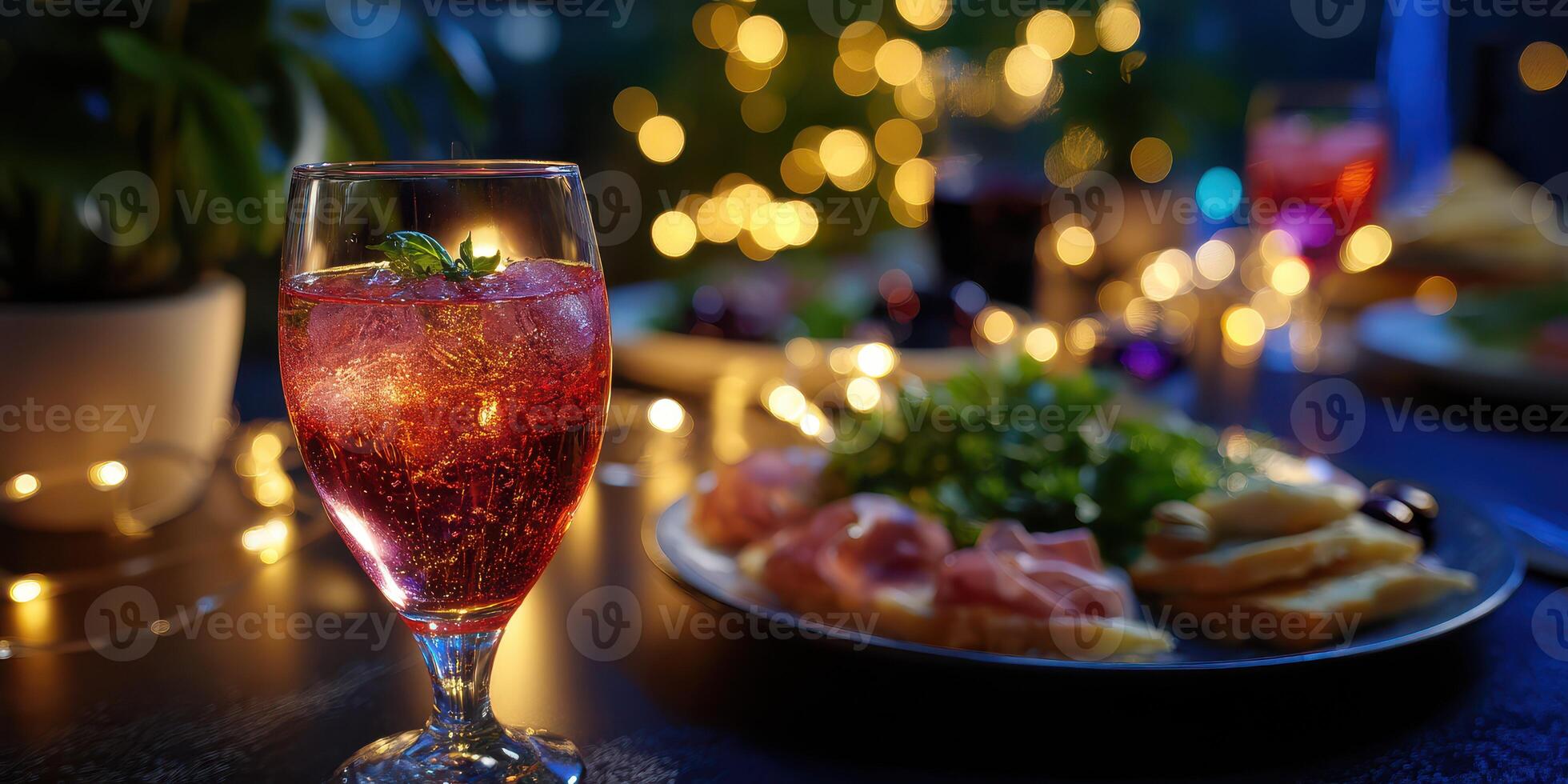 Sparkling drink in a glass with festive food and soft lighting during an evening gathering photo