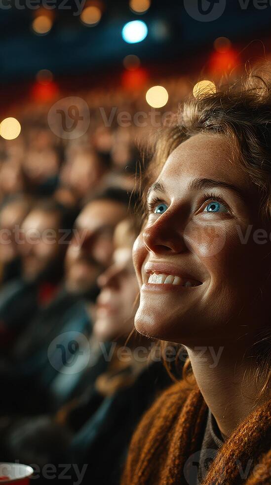 Audience member smiles with joy during a performance in a vibrant theater setting photo