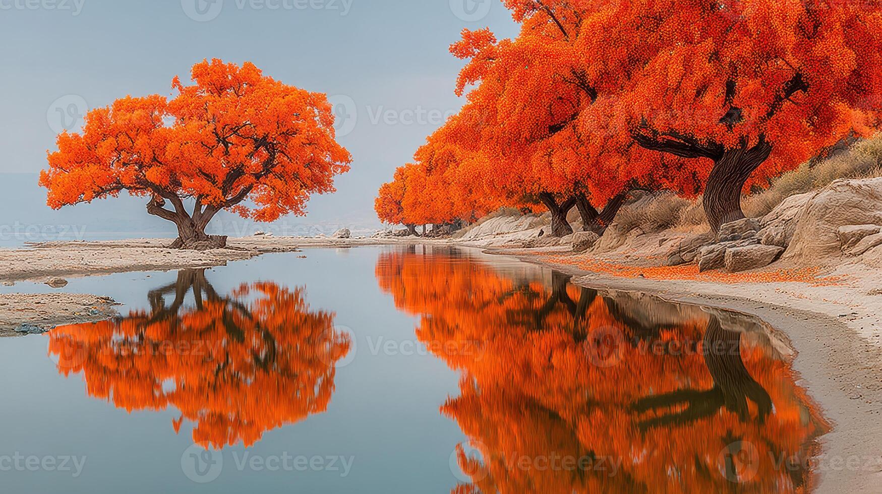 Vibrant orange trees reflecting in tranquil water under a serene sky at autumn dusk photo