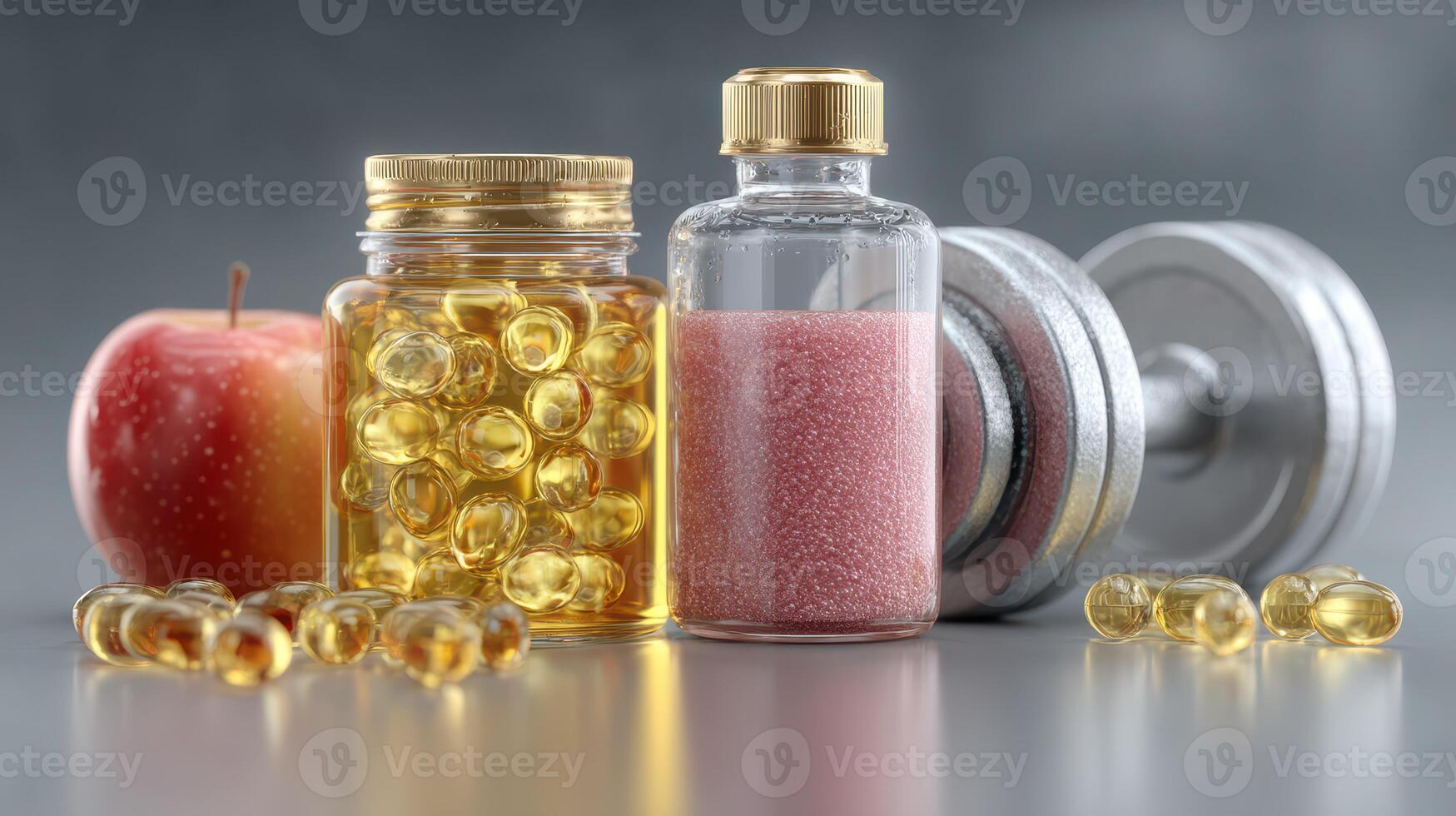 Health and wellness essentials. vitamins, an apple, and a dumbbell for fitness in a modern setting photo