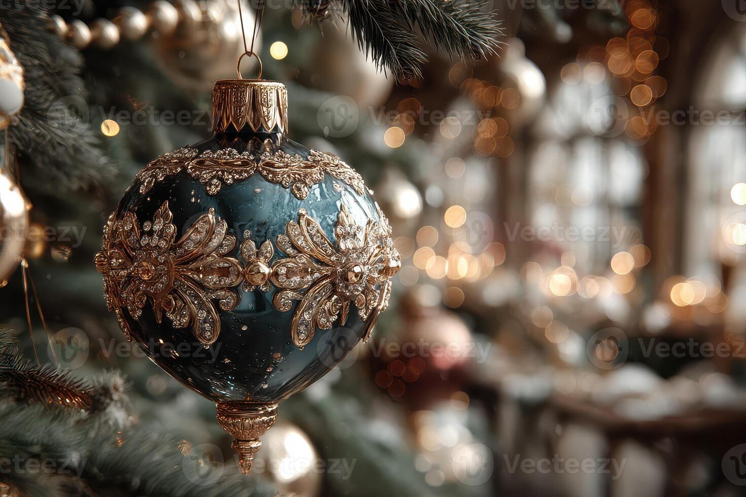 Festive ornament hanging on a Christmas tree in a decorated indoor space during the holiday season photo