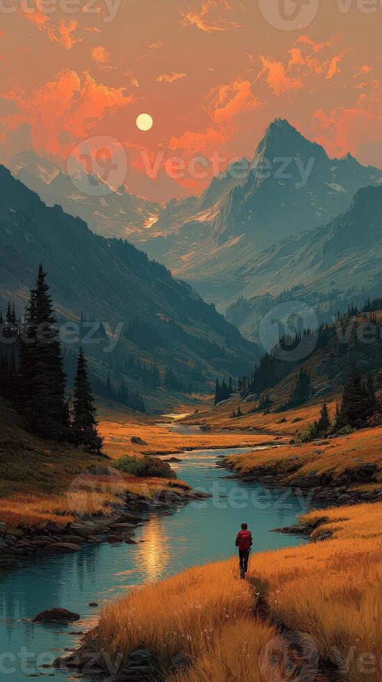 Hiker explores a serene valley under a glowing sunset in the mountains photo