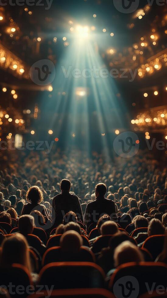 Audience members watch a captivating performance at a theater with stunning lighting and a full house photo
