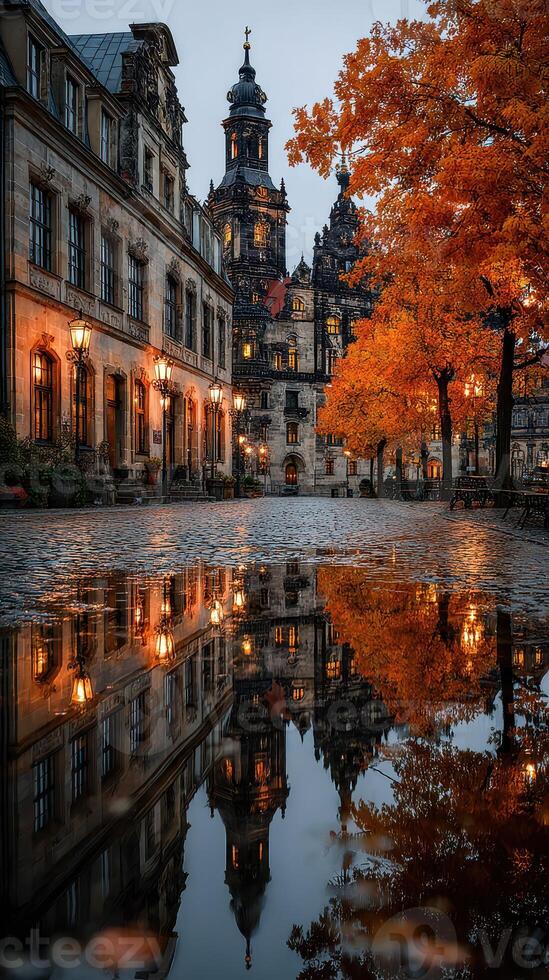 Historic architecture reflects in autumn puddle at twilight in a quiet town square photo