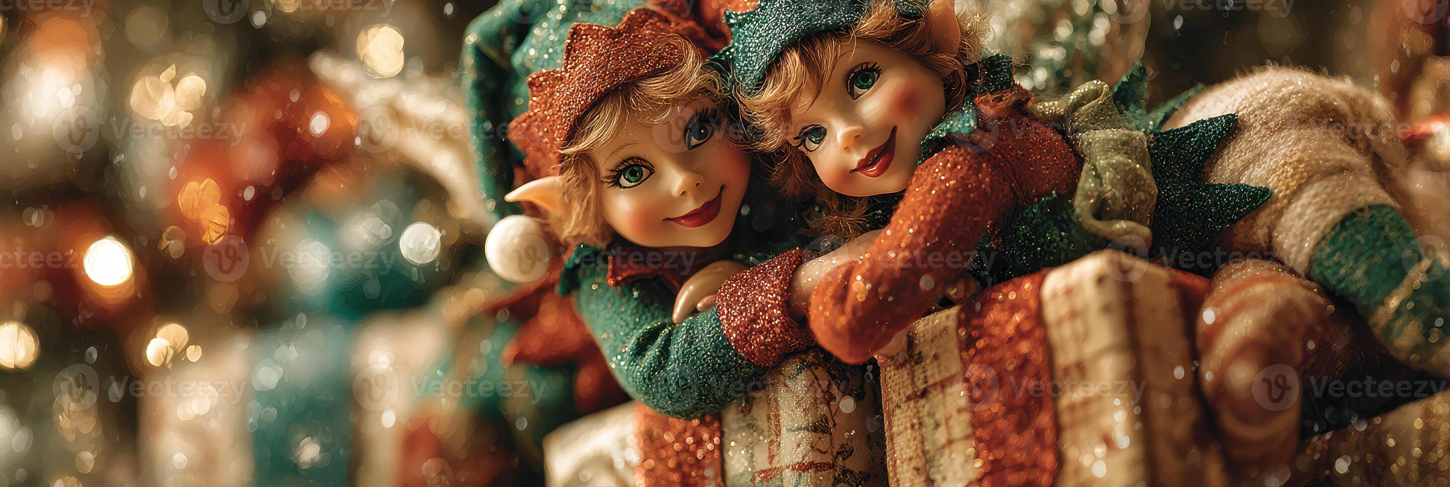 Festive elves celebrate Christmas surrounded by colorful presents and holiday decorations in a cozy setting photo