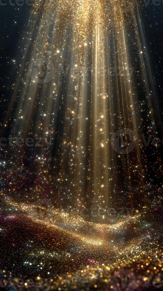 Golden light rays illuminate sparkling particles in a dark space environment photo
