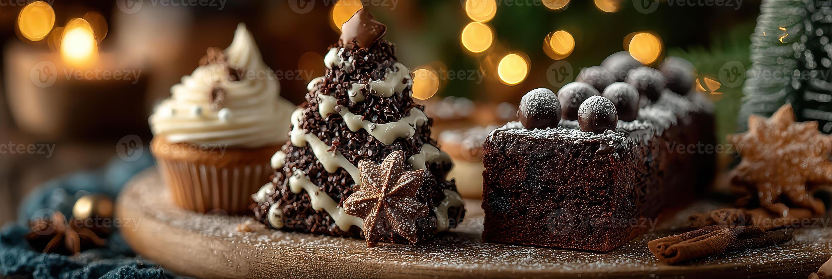 Decadent holiday desserts arranged on a wooden platter with festive decorations during a cozy evening celebration photo