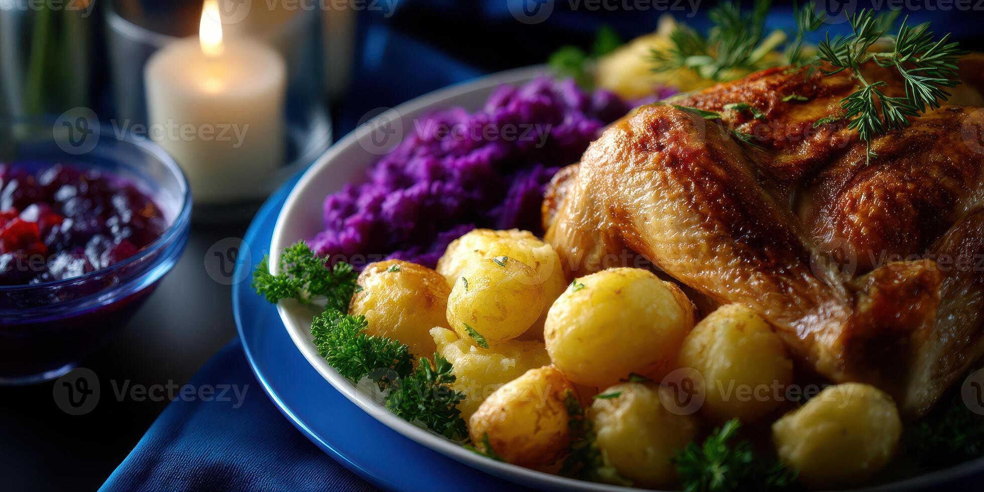 Delicious roasted chicken with potatoes, purple cabbage, and sauce on a blue plate during a festive dinner setting photo