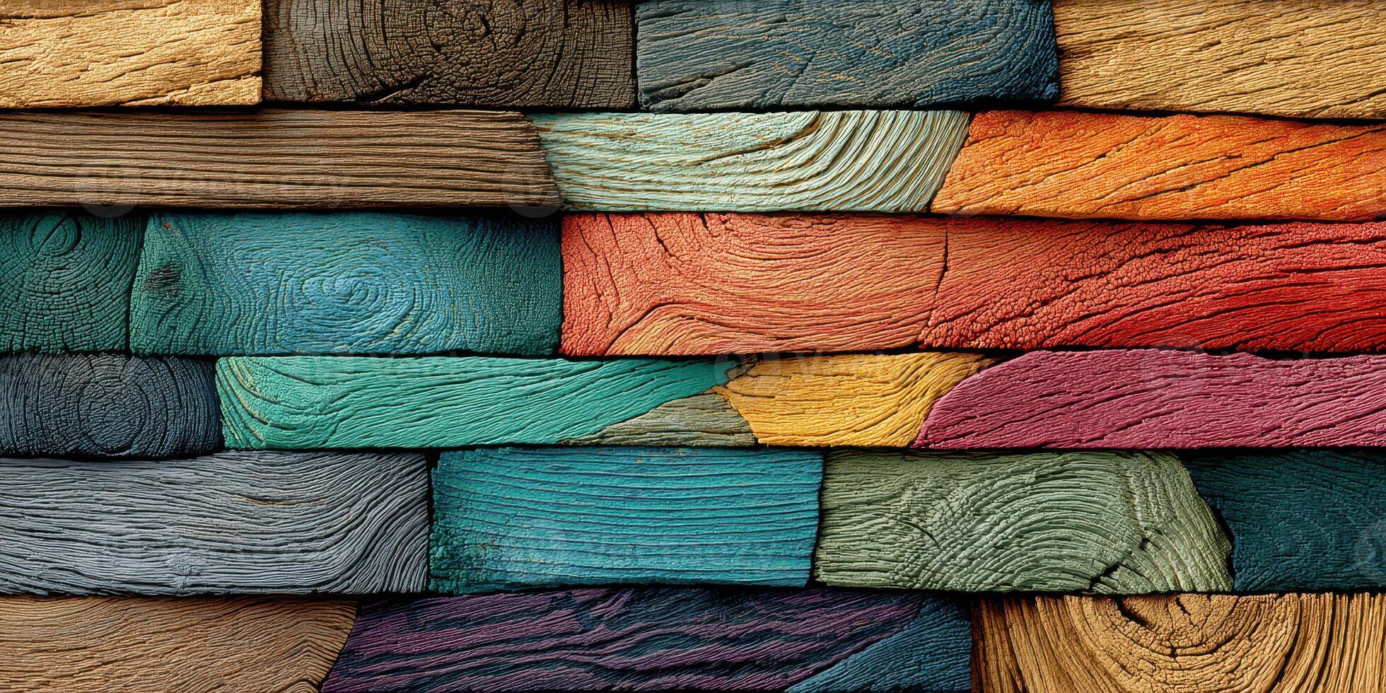 Colorful wooden planks arranged in a vibrant mosaic pattern showcasing unique textures and hues in natural light photo