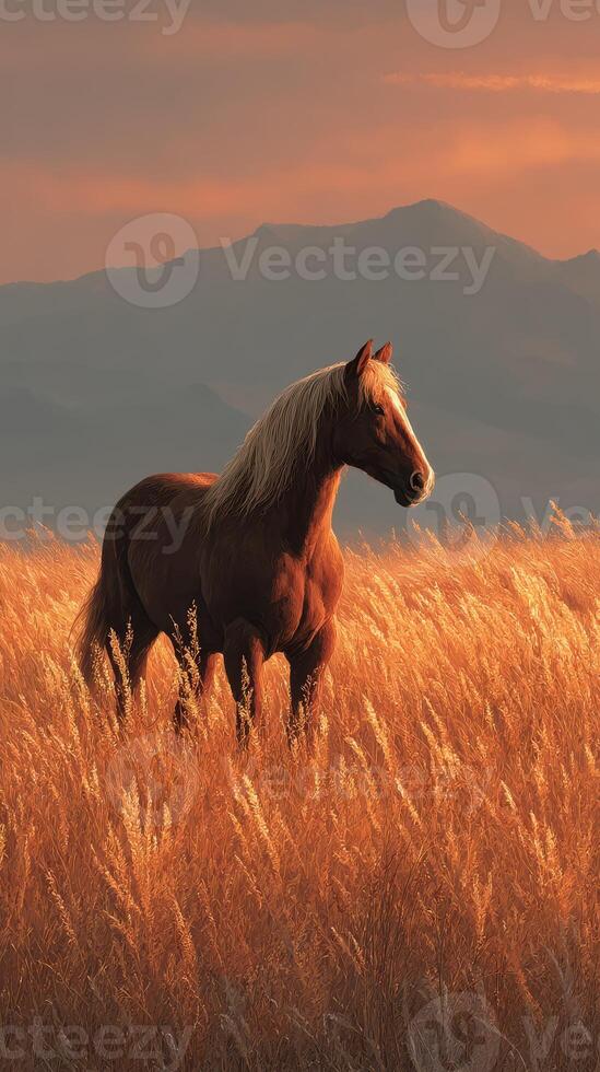 Majestic horse standing in golden grass field during sunset with mountains in the background photo