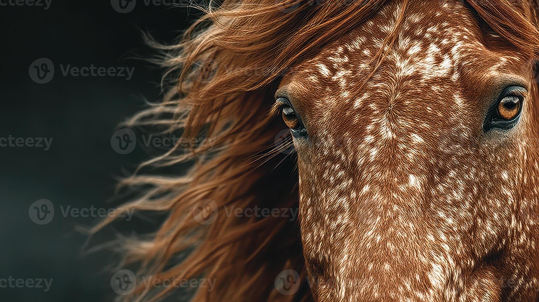 Majestic brown horse with flowing mane gazes intensely at the camera in a dramatic close-up during a calm afternoon photo